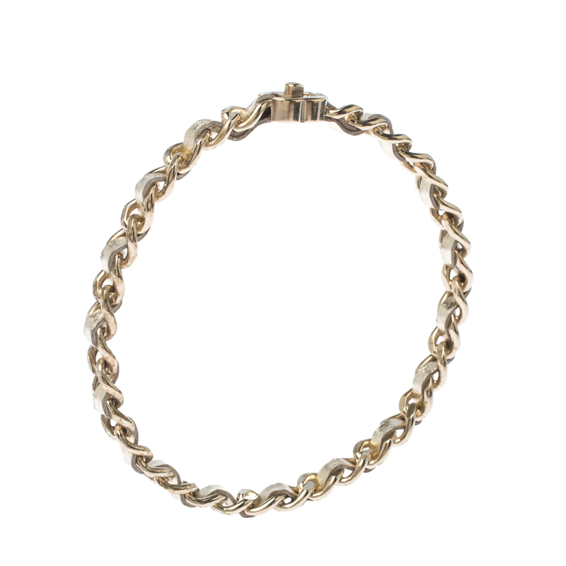 

Chanel CC Turnlock Metallic Leather Woven Gold Tone Chain Bangle Bracelet