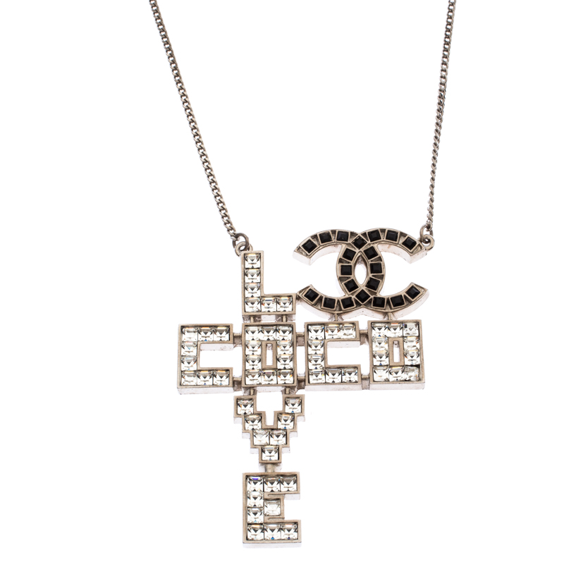 Chanel Silver Tone Crystal Embellished Love Coco Necklace