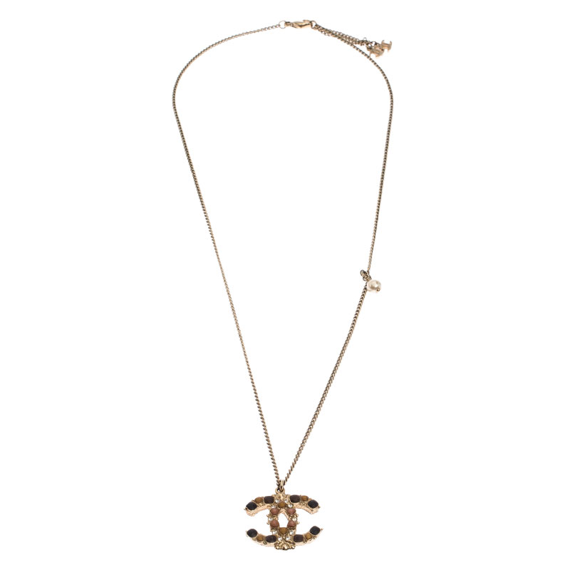 

Chanel CC Crystal and Gripoix Pendant Gold Tone Necklace