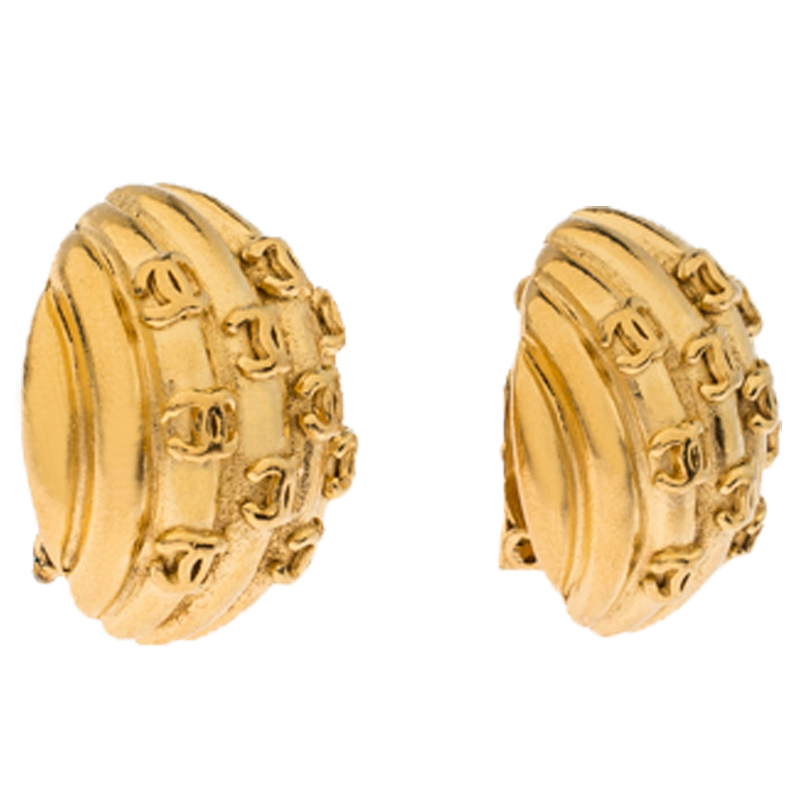

Chanel Gold Plated Rows of CC Logo Vintage Clip On Stud Earrings