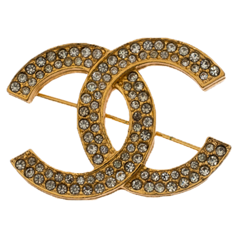 Chanel Vintage Classic CC Logo Crystal Embellished Gold Tone Brooch