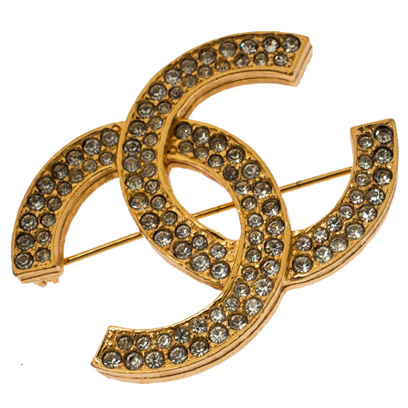 CHANEL Gold-tone Rhinestones Coco Mark CC Logo Vintage Pin Brooch Women  R1137