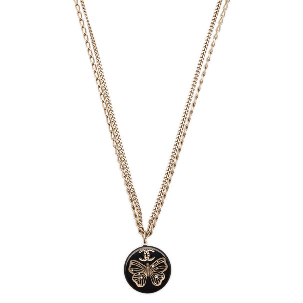 Pre Owned Chanel Butterfly Black Gold Tone Pendant