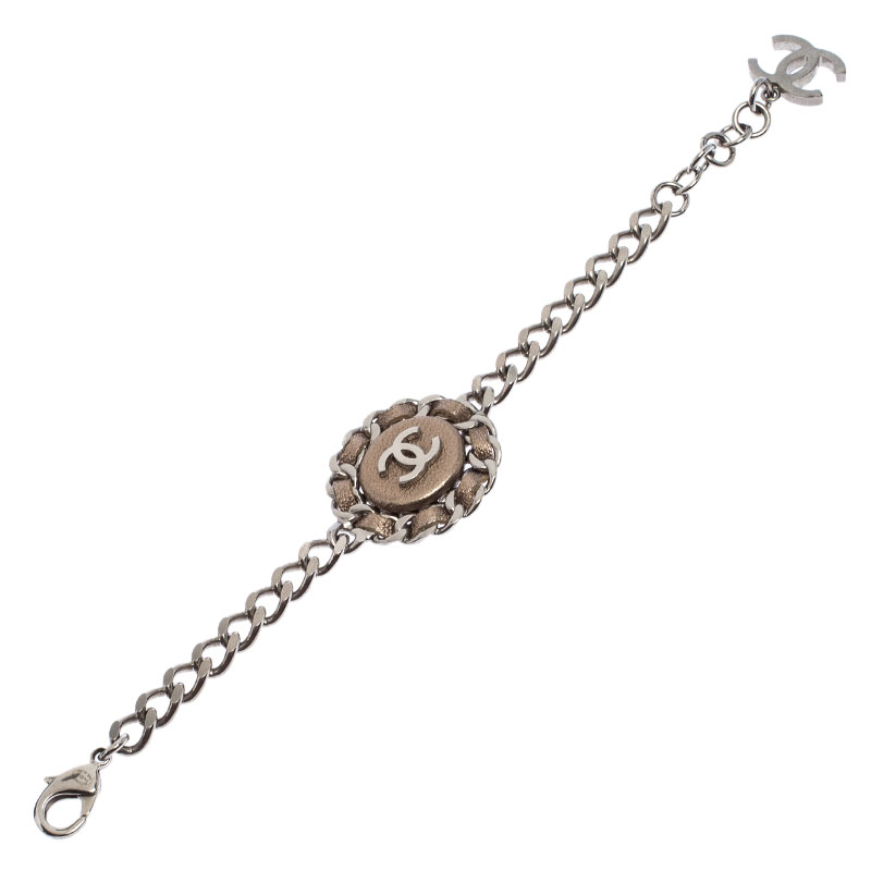 

Chanel CC Rose Gold Interwoven Leather Gold Tone Chain Link Bracelet, Silver