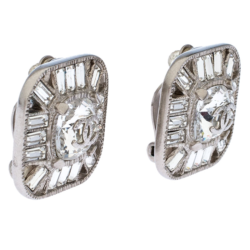 

Chanel CC Crystal Silver Tone Clip-on Stud Earrings