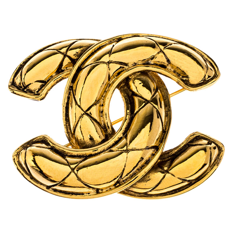 Pre Owned Chanel CC Vintage Quilted Gold Tone Pin Brooch