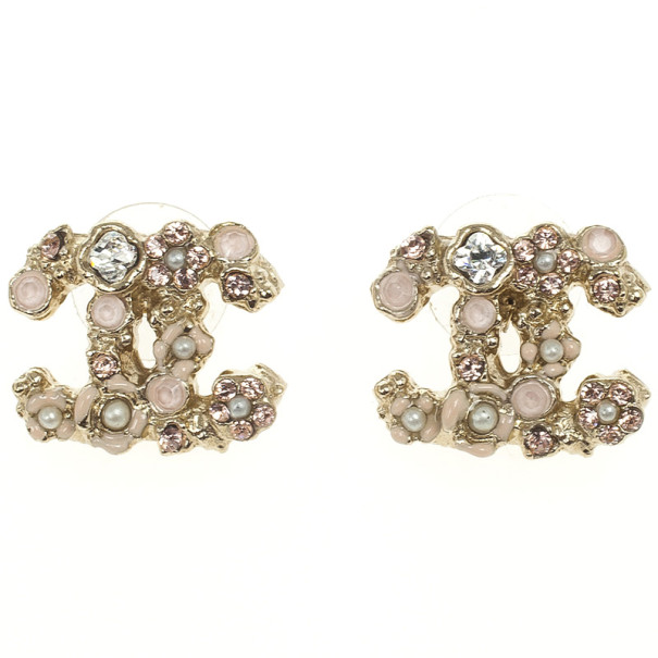 Pre Owned Chanel CC Crystal Signature Floral Earrings