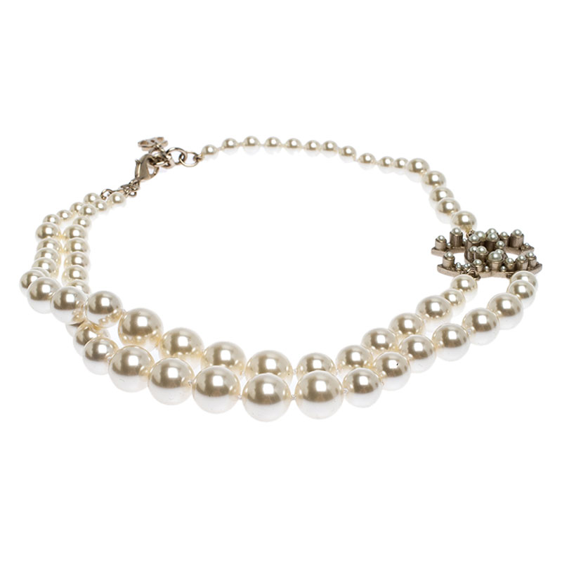 

Chanel CC Faux Pearl Gold Tone Stranded Necklace