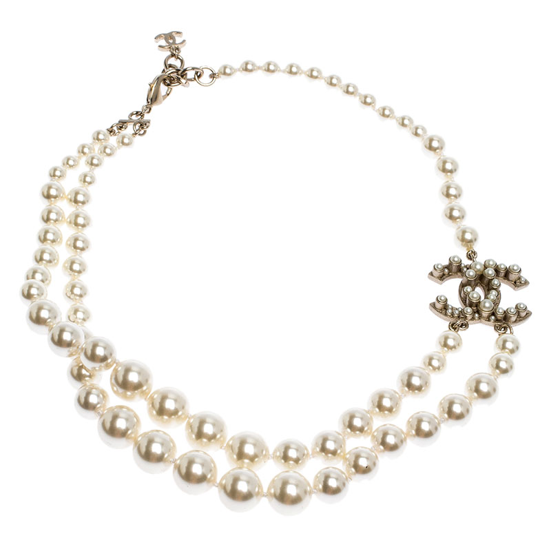 Chanel CC Faux Pearl Gold Tone Stranded Necklace
