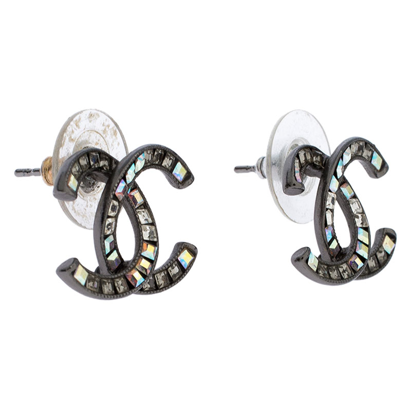 

Chanel Silver Tone Baguette Crystal Embellished CC Stud Earrings