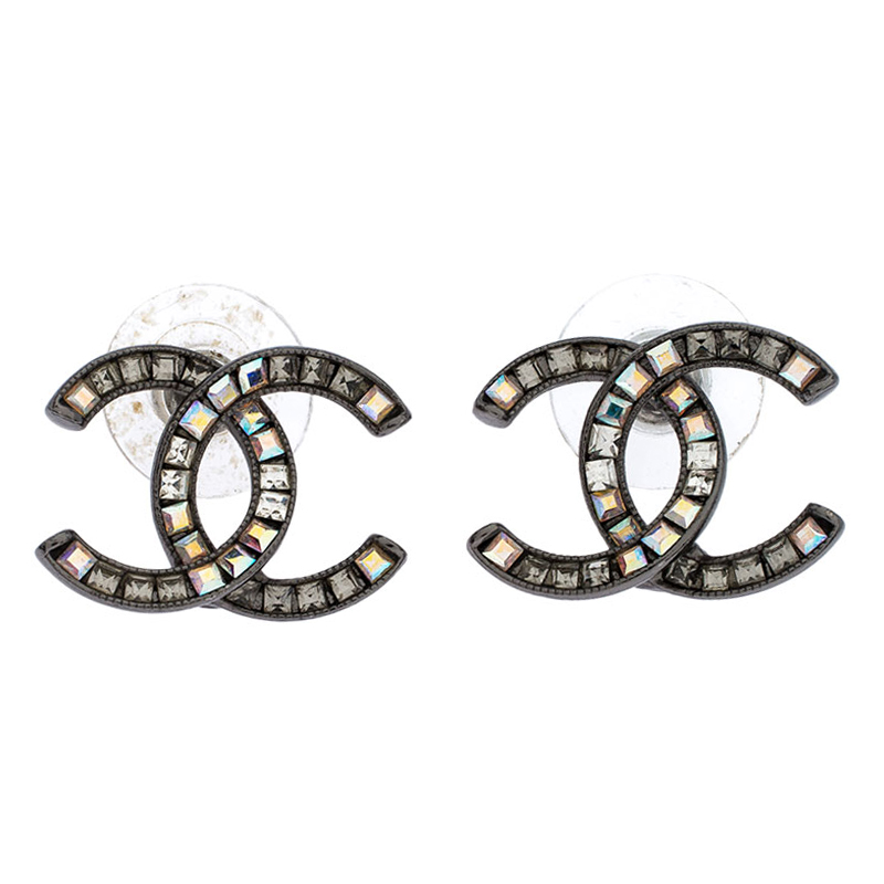 Pre-owned Silver Tone Baguette Crystal Embellished Cc Stud Earrings