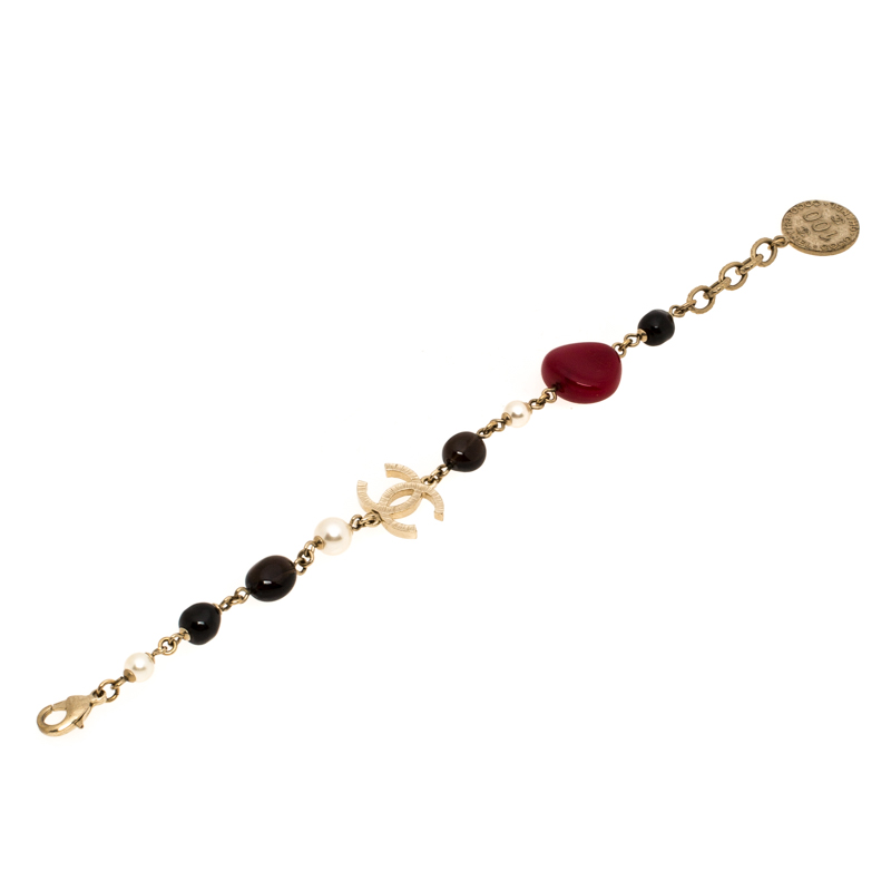 

Chanel CC Multicolor Beads Faux Pearl Gold Tone Station Bracelet