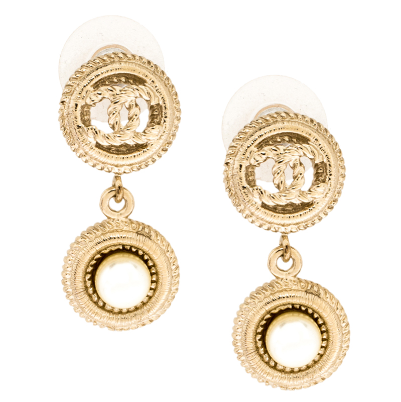 

Chanel CC Faux Pearl Textured Gold Tone Drop Earrings