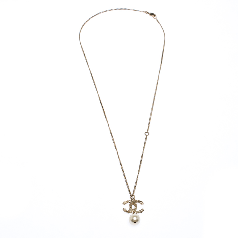 Chanel CC Crystal Faux Pearl Gold Tone Pendant Necklace