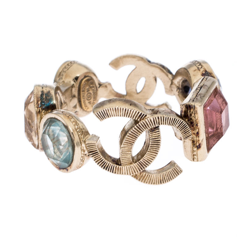 

Chanel CC Multi-color Crystal Gold Tone Band Ring Size