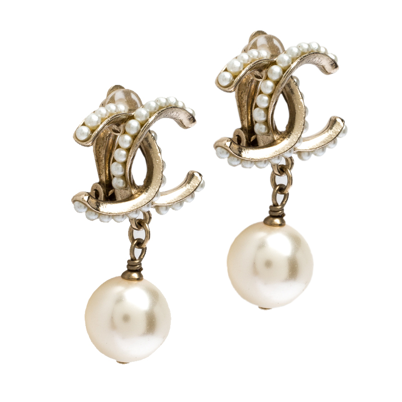 

Chanel CC Faux Pearl Gold Tone Clip-on Drop Earrings