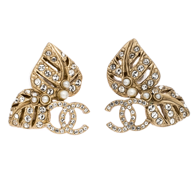 Pre Owned Chanel CC Crystal Faux Pearl Leaf Motif Gold Tone Stud Earrings 