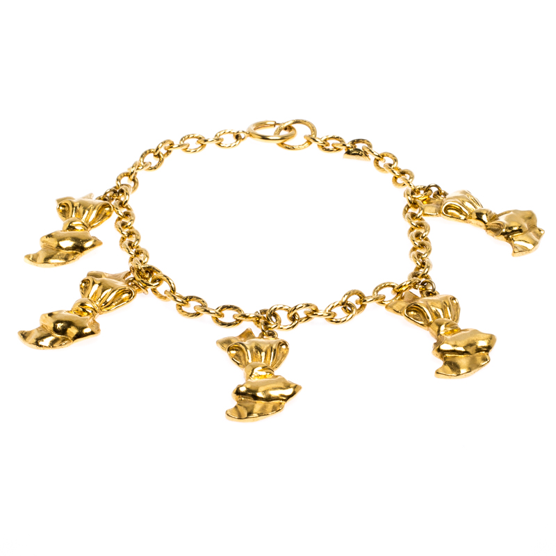 

Chanel Vintage Bow Charm Gold Tone Collar Necklace