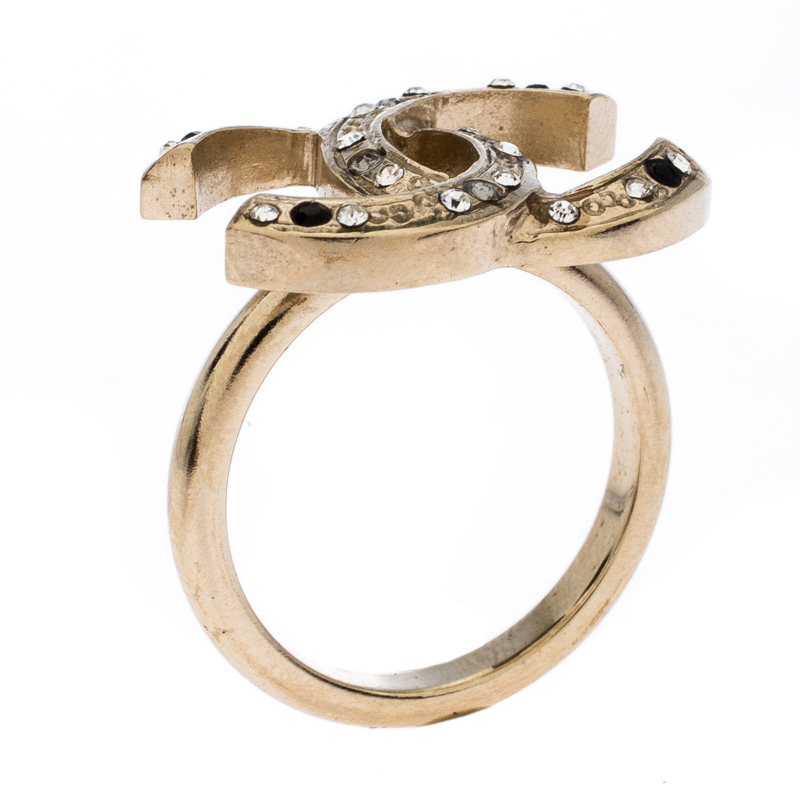 

Chanel CC Crystal Embellished Pale Gold Tone Ring Size EU 52.5