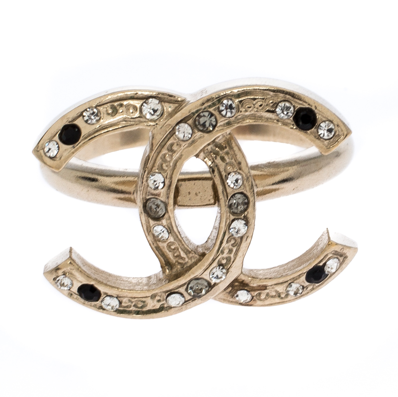 

Chanel CC Crystal Embellished Pale Gold Tone Ring Size EU 52.5
