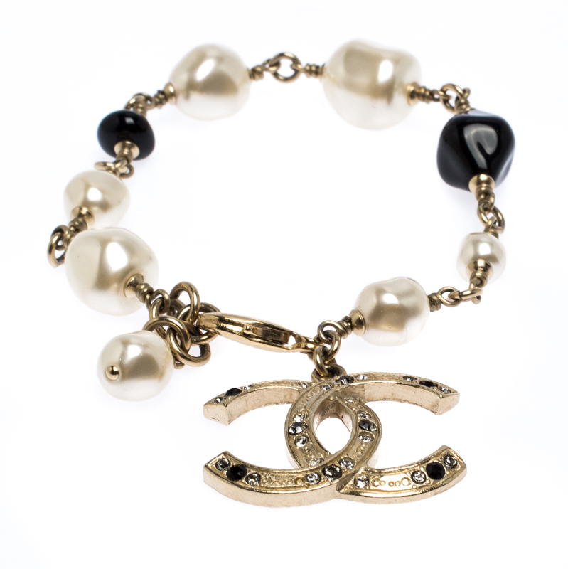 Chanel Crystal Embellished CC Charm Faux Pearl Bracelet