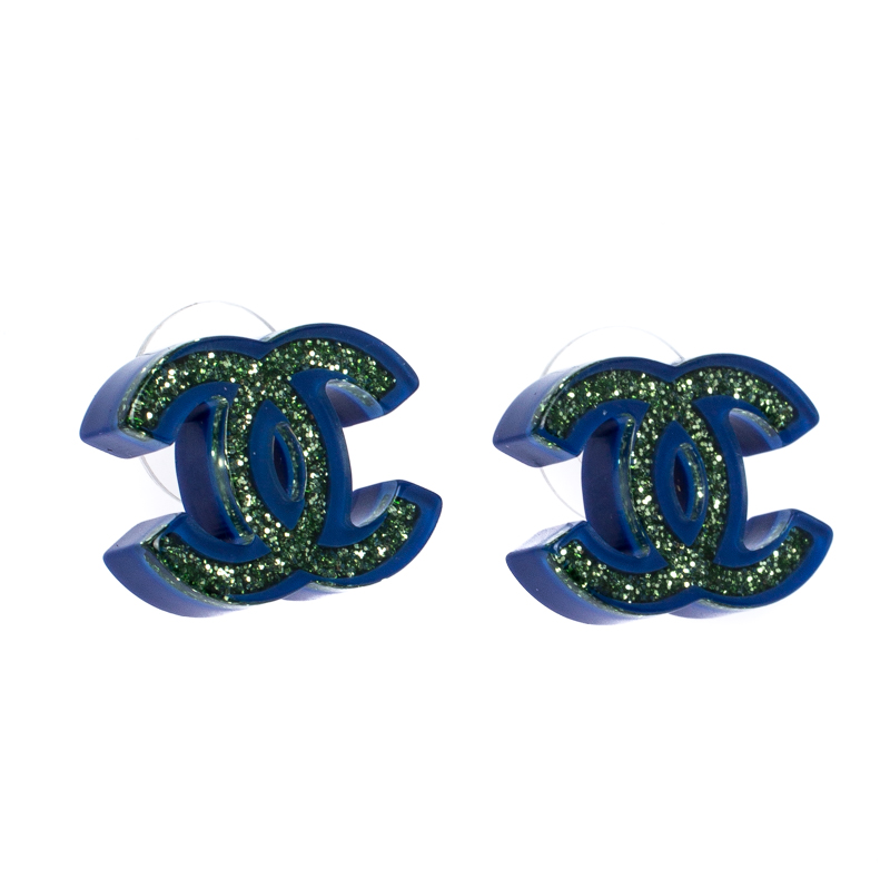 

Chanel CC Blue Resin Glitter Inlay Stud Earrings