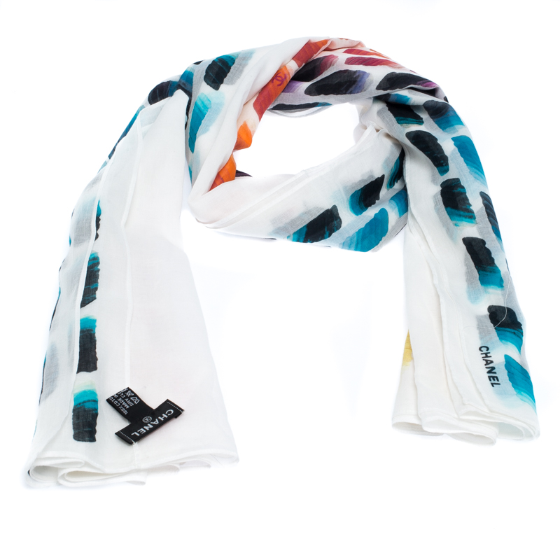 

Chanel White Colorama Print Cotton Scarf