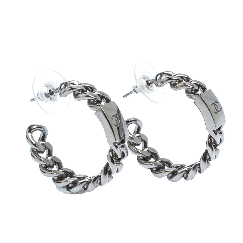 

Chanel CC Silver Tone Chain Hoop Earrings
