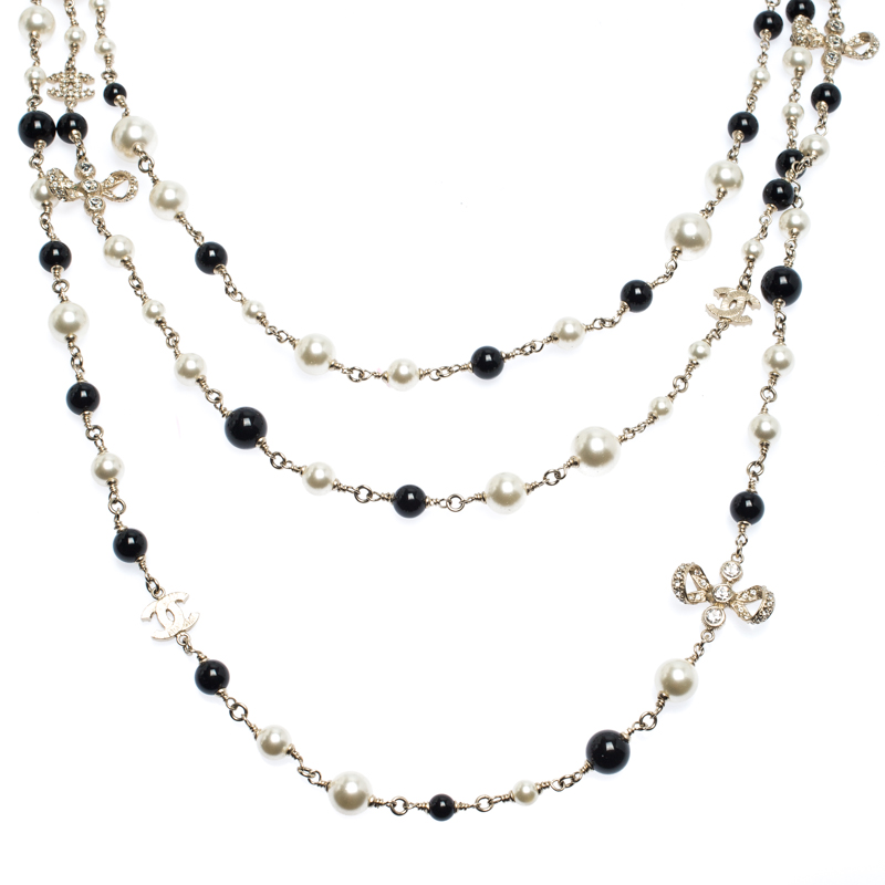 

Chanel CC Crystal Charm Faux Pearl and Bead Strand Multi Layered Necklace, Gold