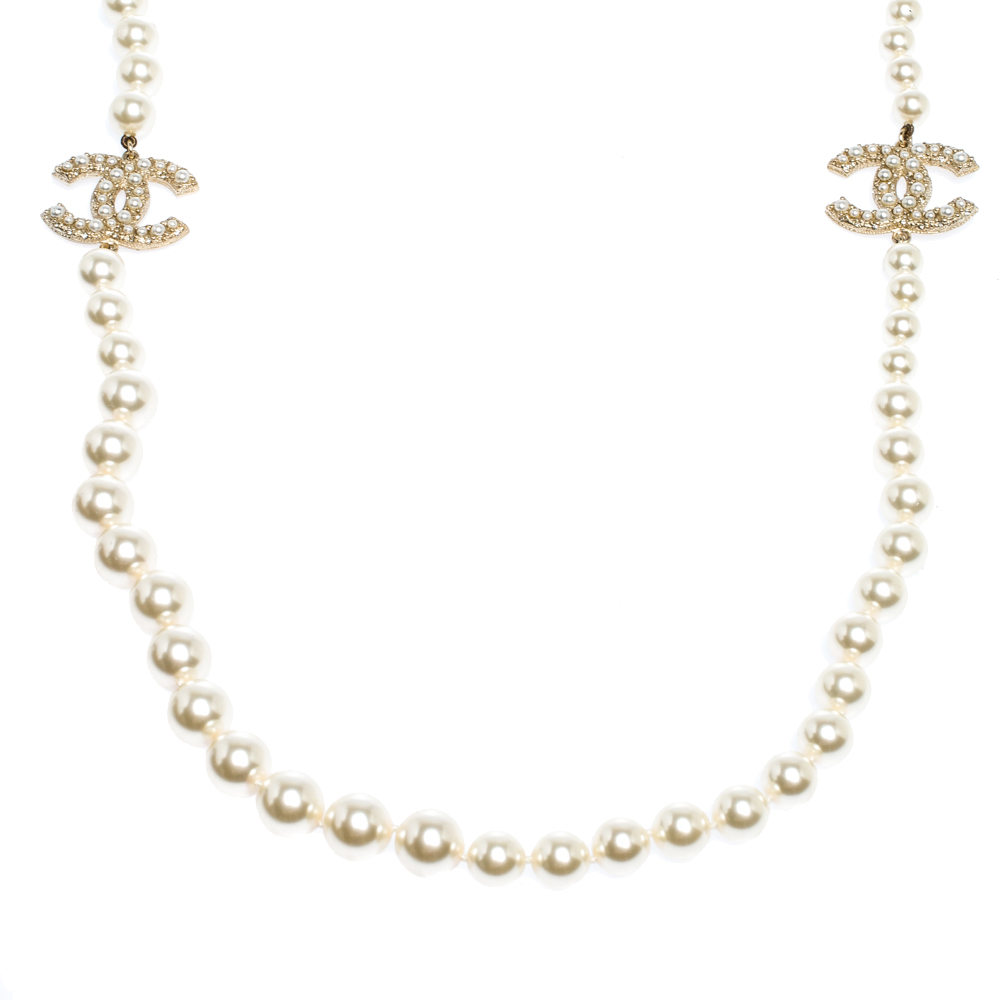 

Chanel Cream CC Faux Pearl and Crystal Charm Gold Tone Necklace