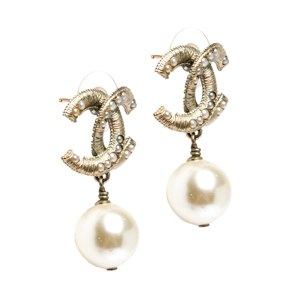 

Chanel CC Antique Gold Tone Faux Pearl Drop Earrings, Cream