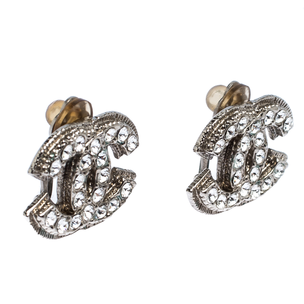 

Chanel CC Crystal Silver Tone Clip-On Stud Earrings