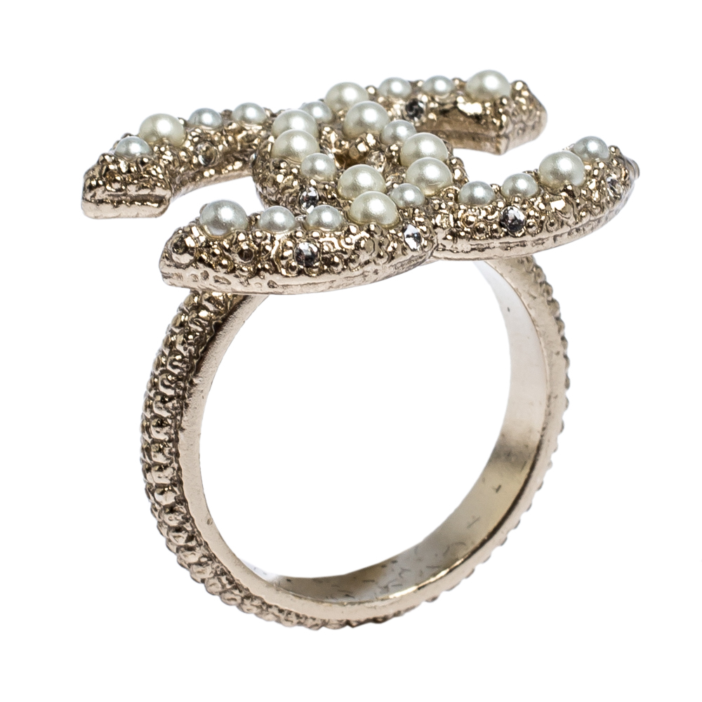 Chanel Lucite CC Logo Crystal Ring at 1stDibs  chanel logo ring gold,  chanel crystal ring, chanel ring logo