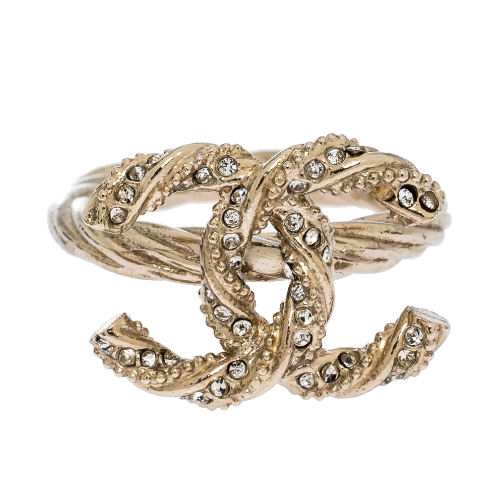 

Chanel Pale Gold Tone Crystal Twist CC Ring Size EU 53