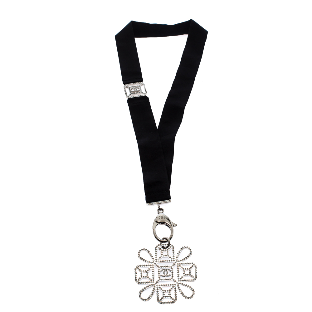 

Chanel CC Black Ribbon Silver Tone Crystal Pendant Necklace