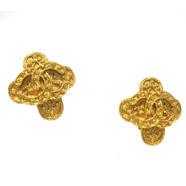 Chanel Vintage Engraved Gold Tone Earrings