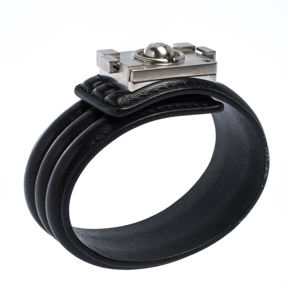 

Chanel Black Leather Silver Tone Boy Bracelet