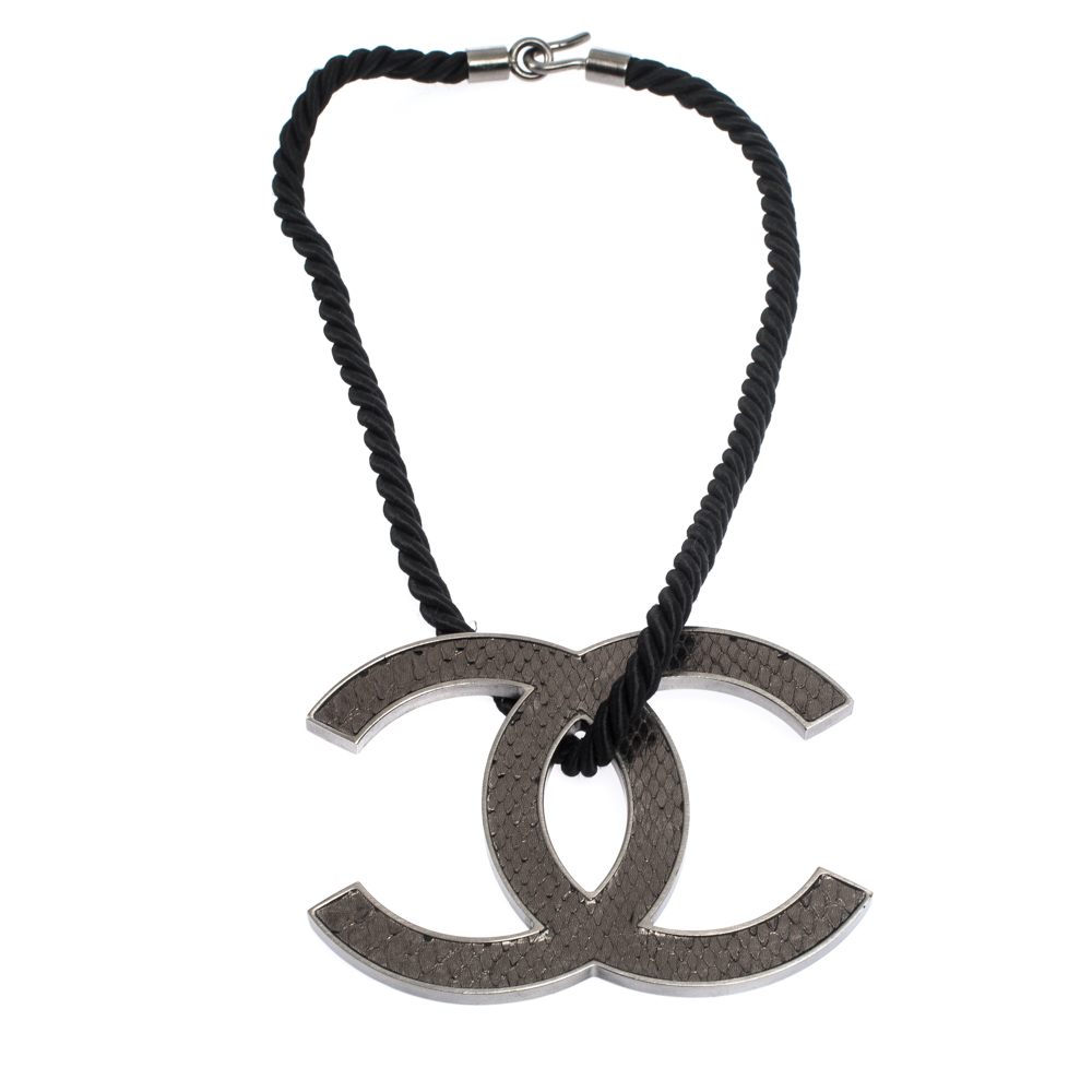 

Chanel Jumbo Leather CC Reversible Pendant Cord Necklace, Grey