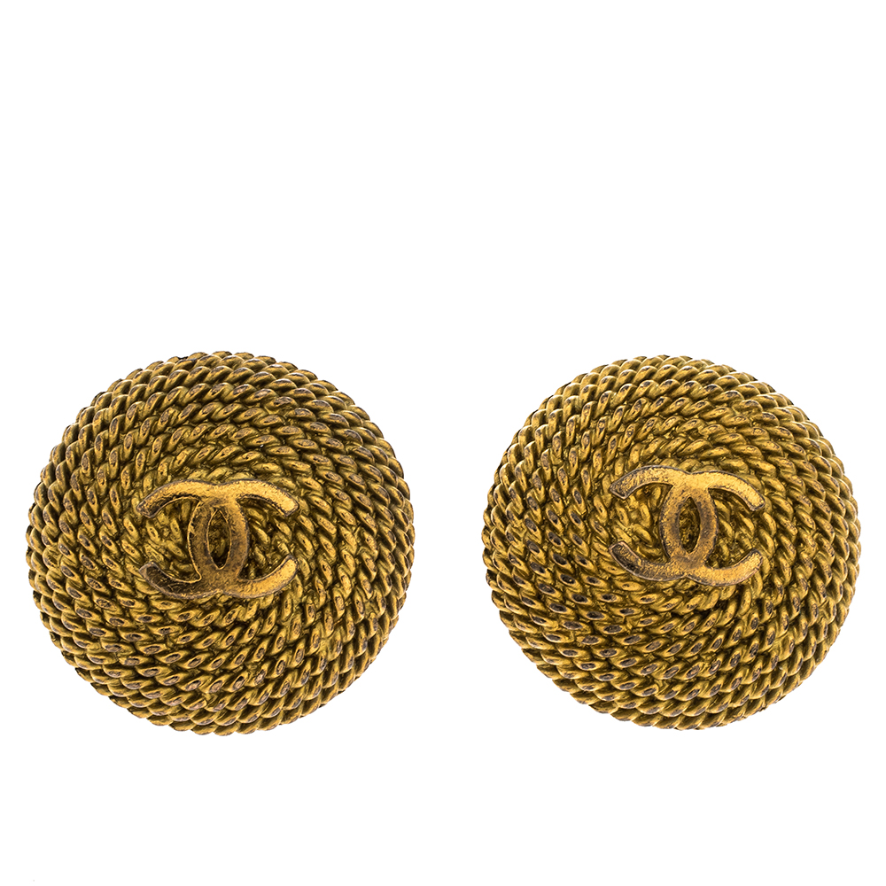 Chanel CC Vintage Spiral Gold Tone Clip-On Stud Earrings