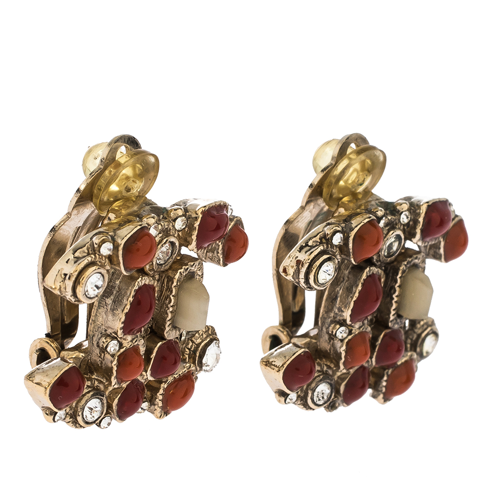 

Chanel CC Multicolor Embellished Gold Tone Clip-on Stud Earrings