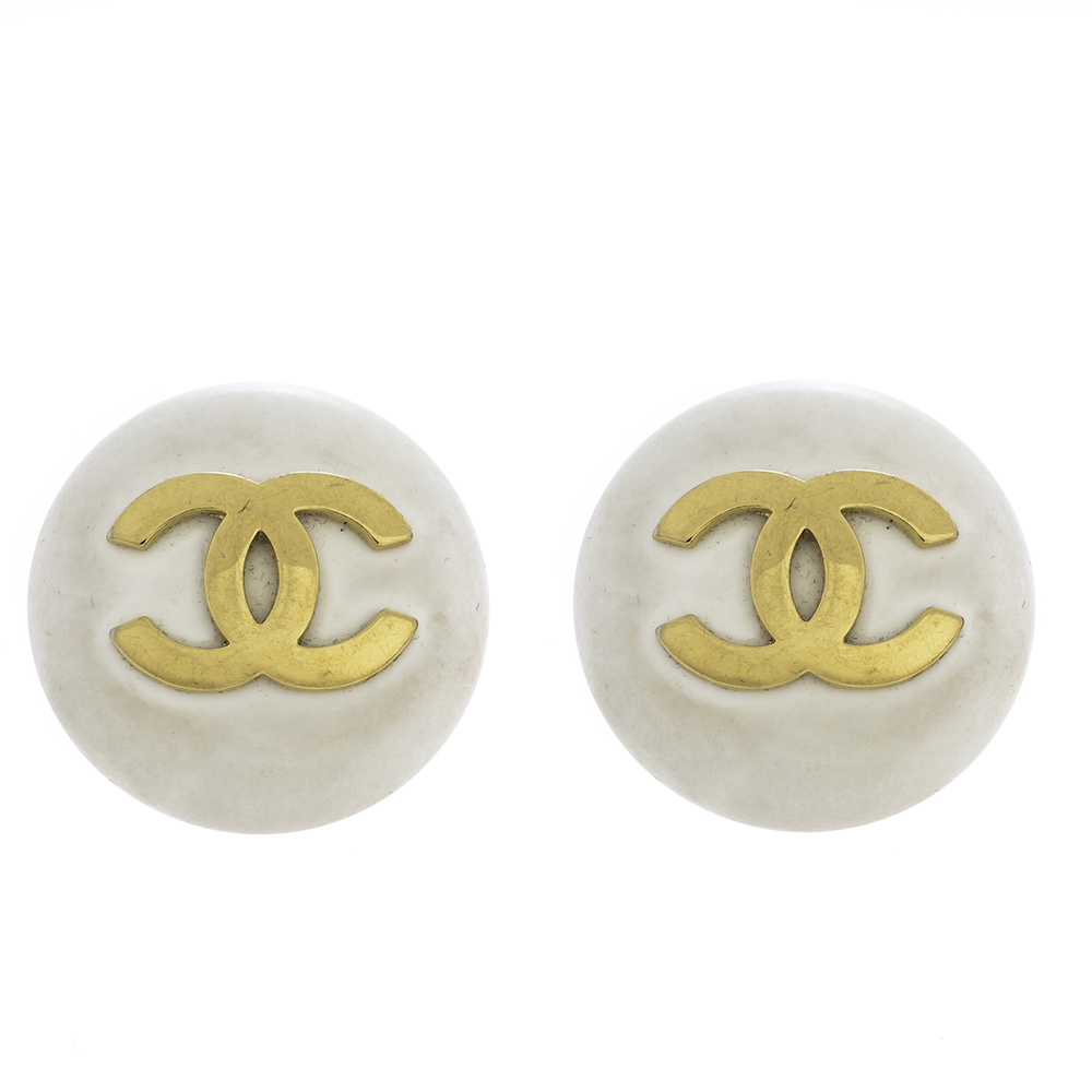 Chanel CC White Gold Tone Round Oversized Clip-on Stud Earrings