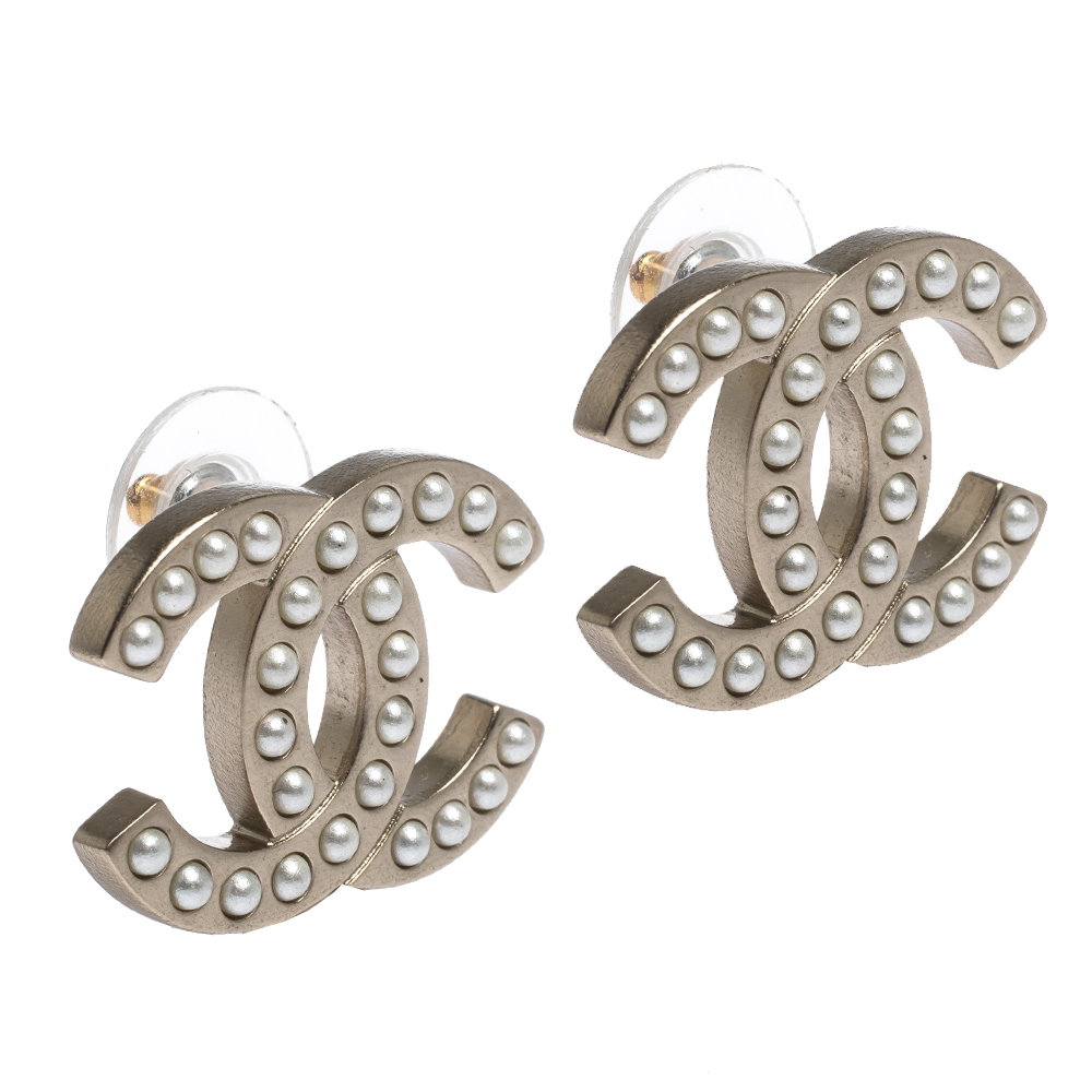 

Chanel CC Faux Pearl Silver Tone Stud Earrings
