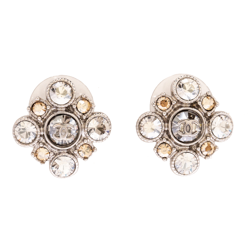 Chanel CC Crystal Silver Tone Stud Earrings