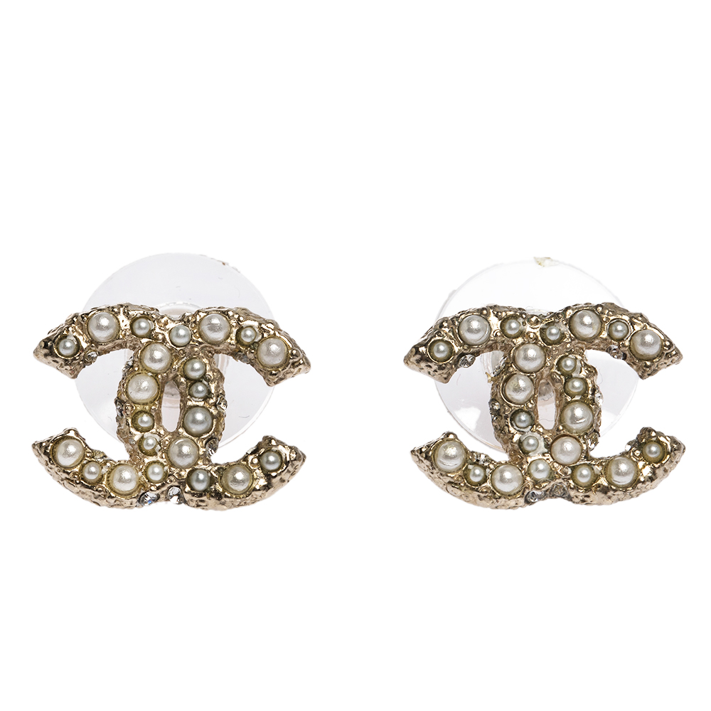 Chanel CC Faux Pearl Gold Tone Stud Earrings Chanel  TLC