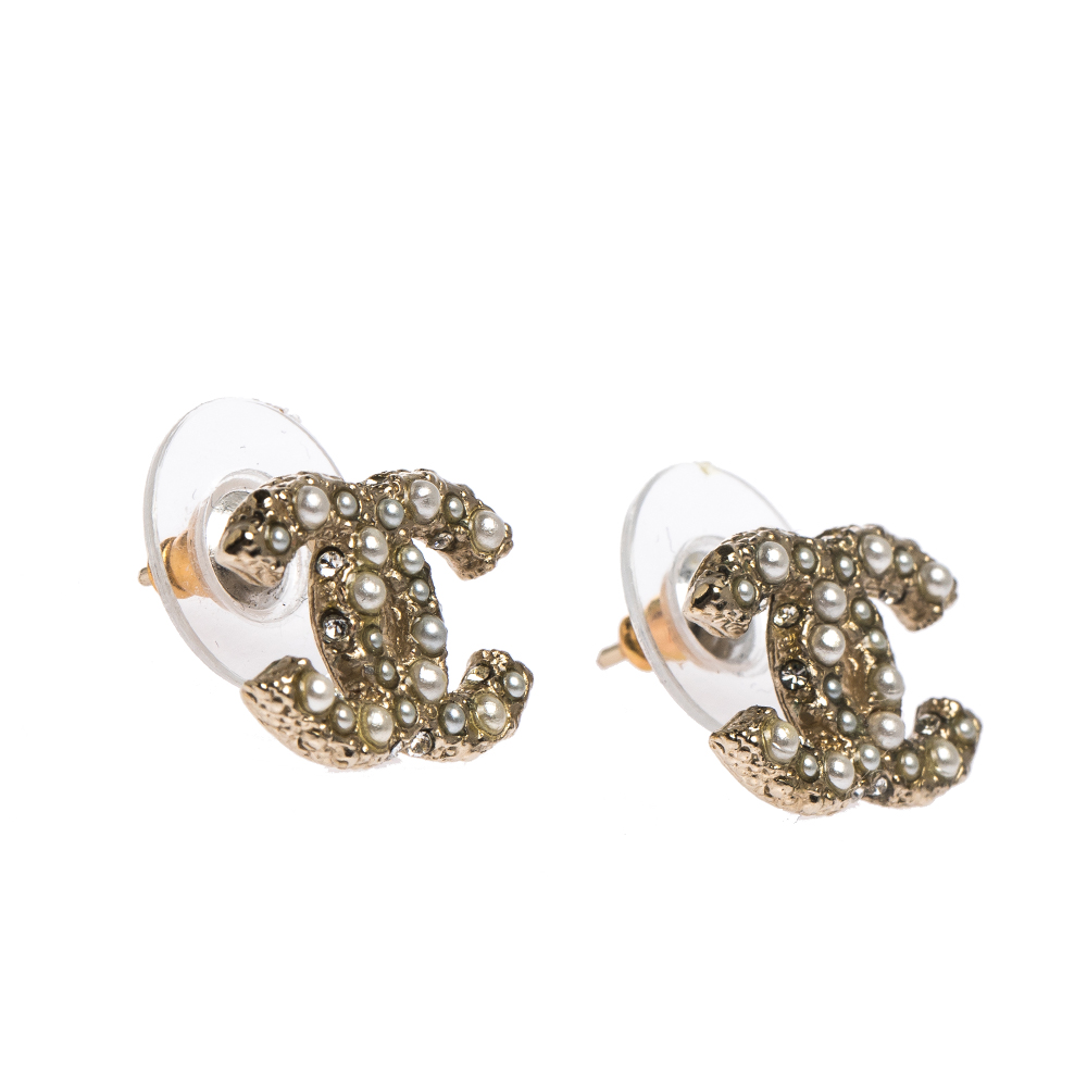 

Chanel CC Faux Pearl Crystal Gold Tone Stud Earrings