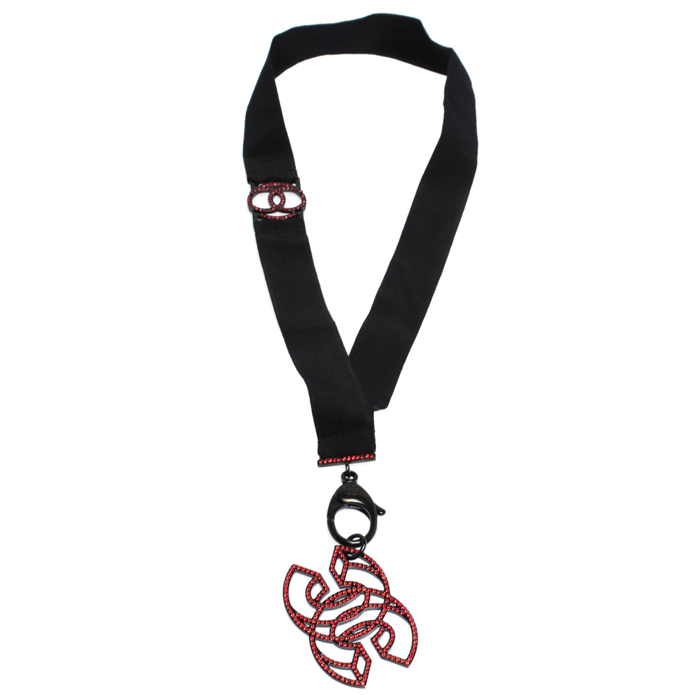 

Chanel CC Crystal Embellished Black Ribbon Pendant Necklace