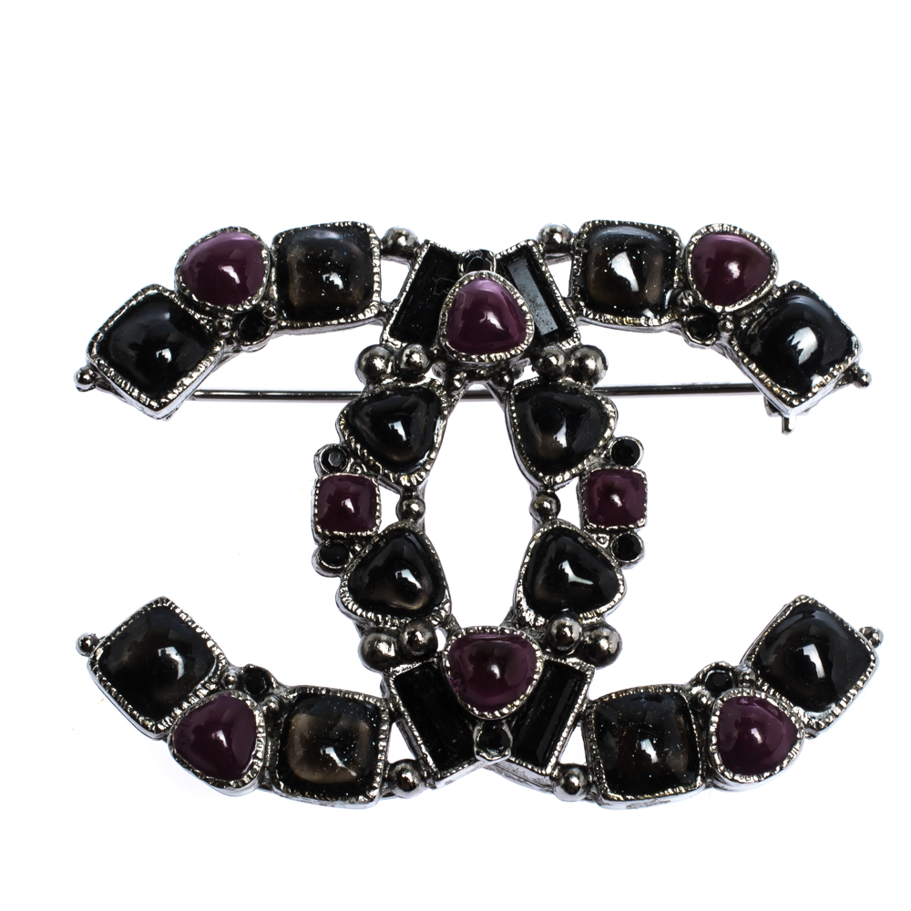 Pre Owned Chanel CC Crystal Gripoix Gunmetal Tone Pin Brooch