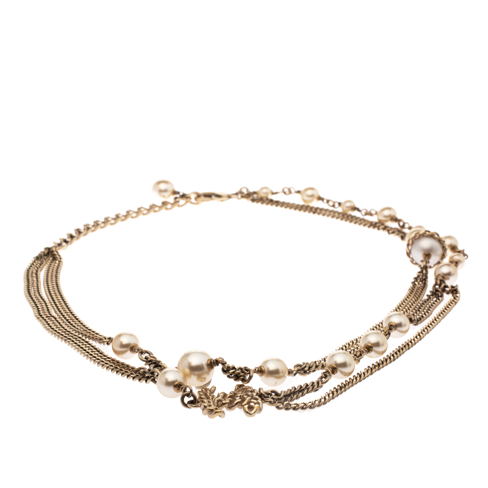 

Chanel CC Faux Pearl Gold Tone Multi-layered Chain Link Necklace