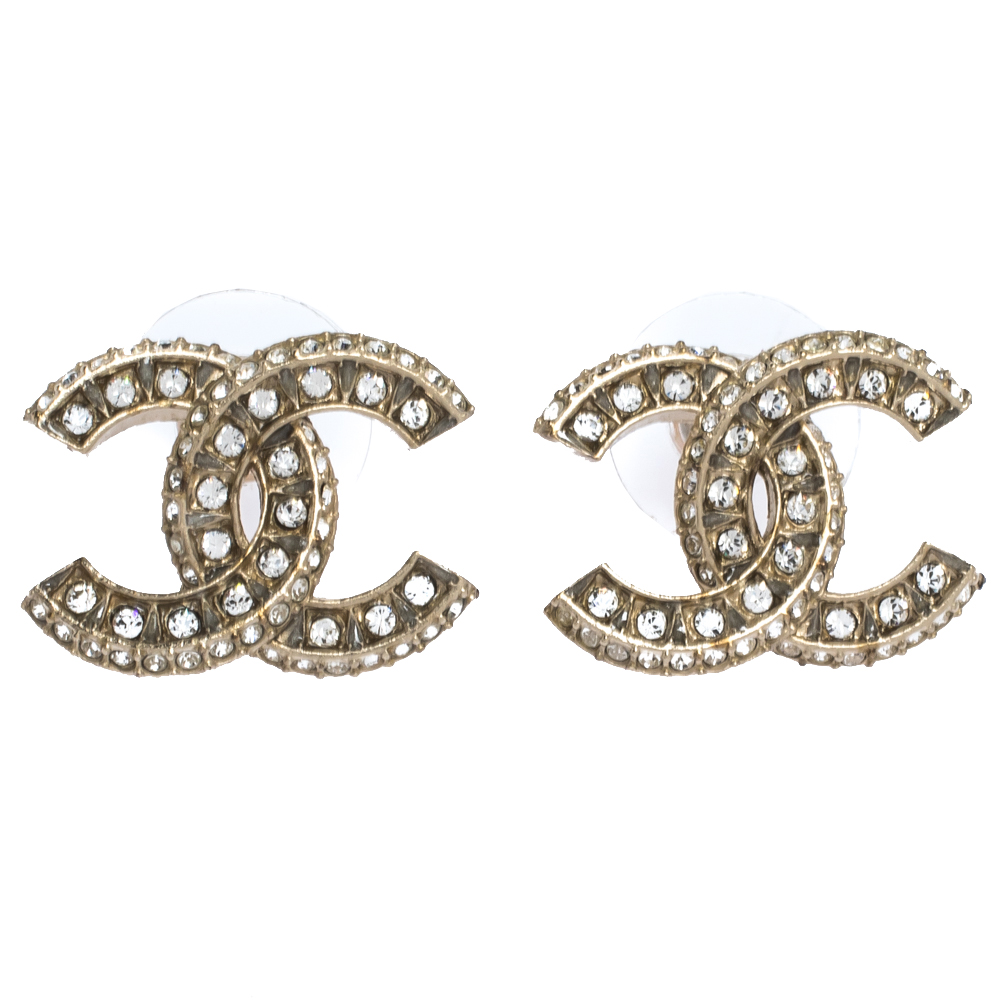 مملوكة مسبقًا Chanel CC Crystal Gold Tone Stud Earrings