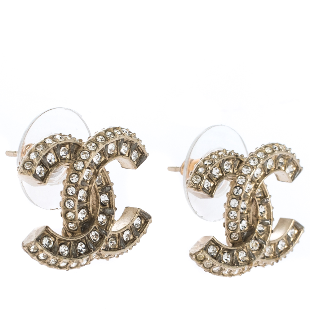 

Chanel CC Crystal Gold Tone Stud Earrings